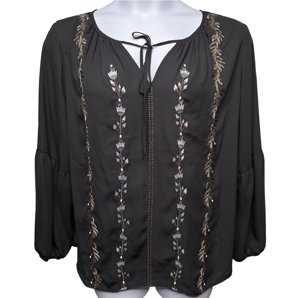 LORD & TAYLOR Black Floral Embroidered Peasant Blouse 1X Boho-Chic Bishop Sleeve